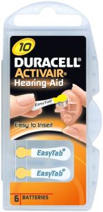 A packet of Duracell size 10 hearing aid batteries.