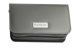 The Phonak grey hearing aid storage case, top view.