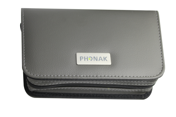 The Phonak grey hearing aid storage case, top view.