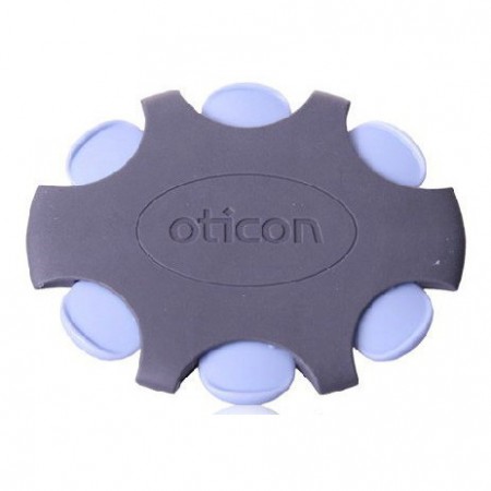 A grey disc with 6 blue Oticon No Wax filters.