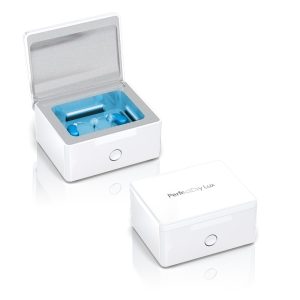 The Perfect Dry Lux UV Hearing Aid Dehumidifier shown both open and closed.
