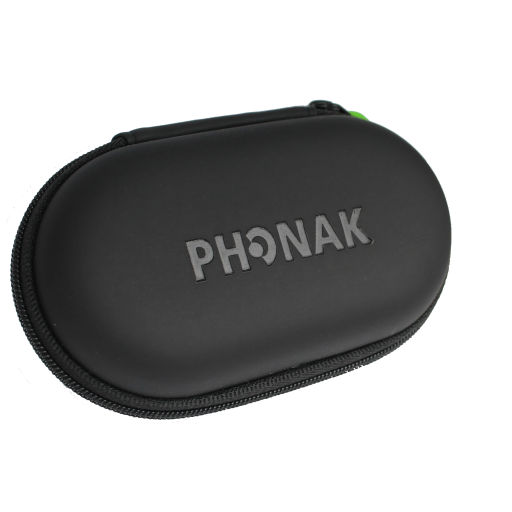 A black hearing aid storage case branded Phonak.