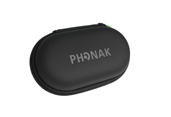 A black hearing aid storage case branded Phonak.