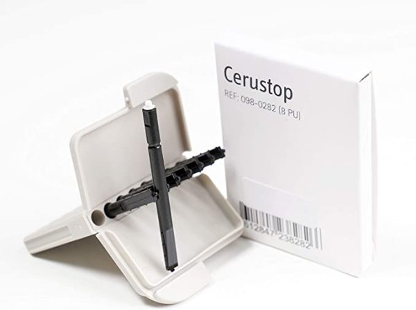 A packet of Cerustop hearing aid wax filters.