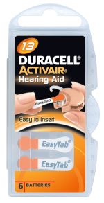 A packet of 6 Duracell Hearing Aid Batteries in size 13.